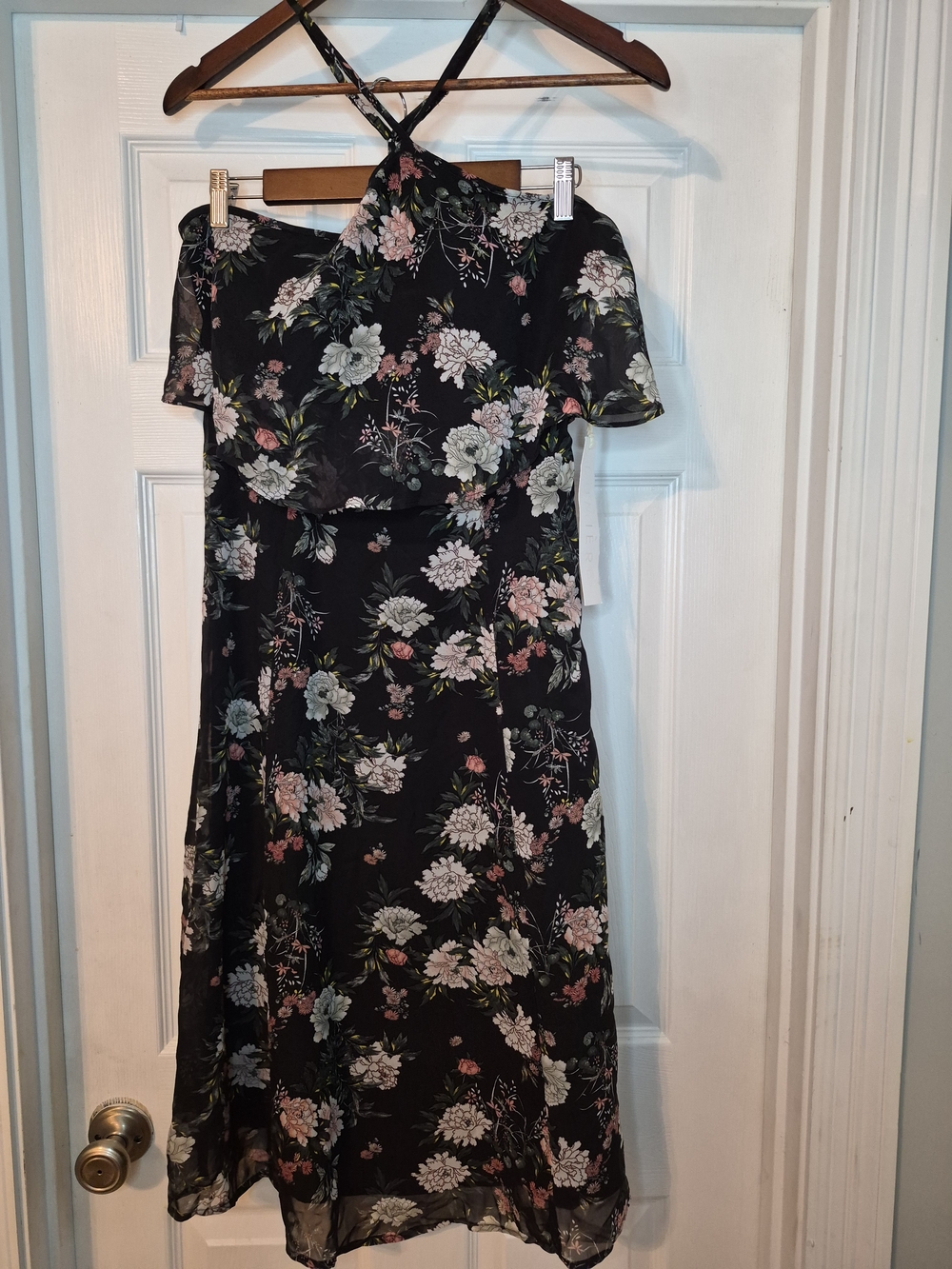 Lumiere Floral Halter Midi Dress in Black with Pink & Cream Flowers Mesium NWT